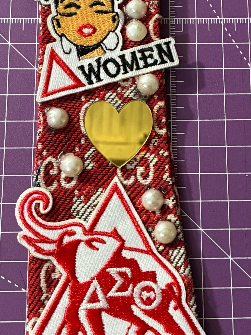 Embellished Red Patchwork Necktie with Gold Heart & Pearls